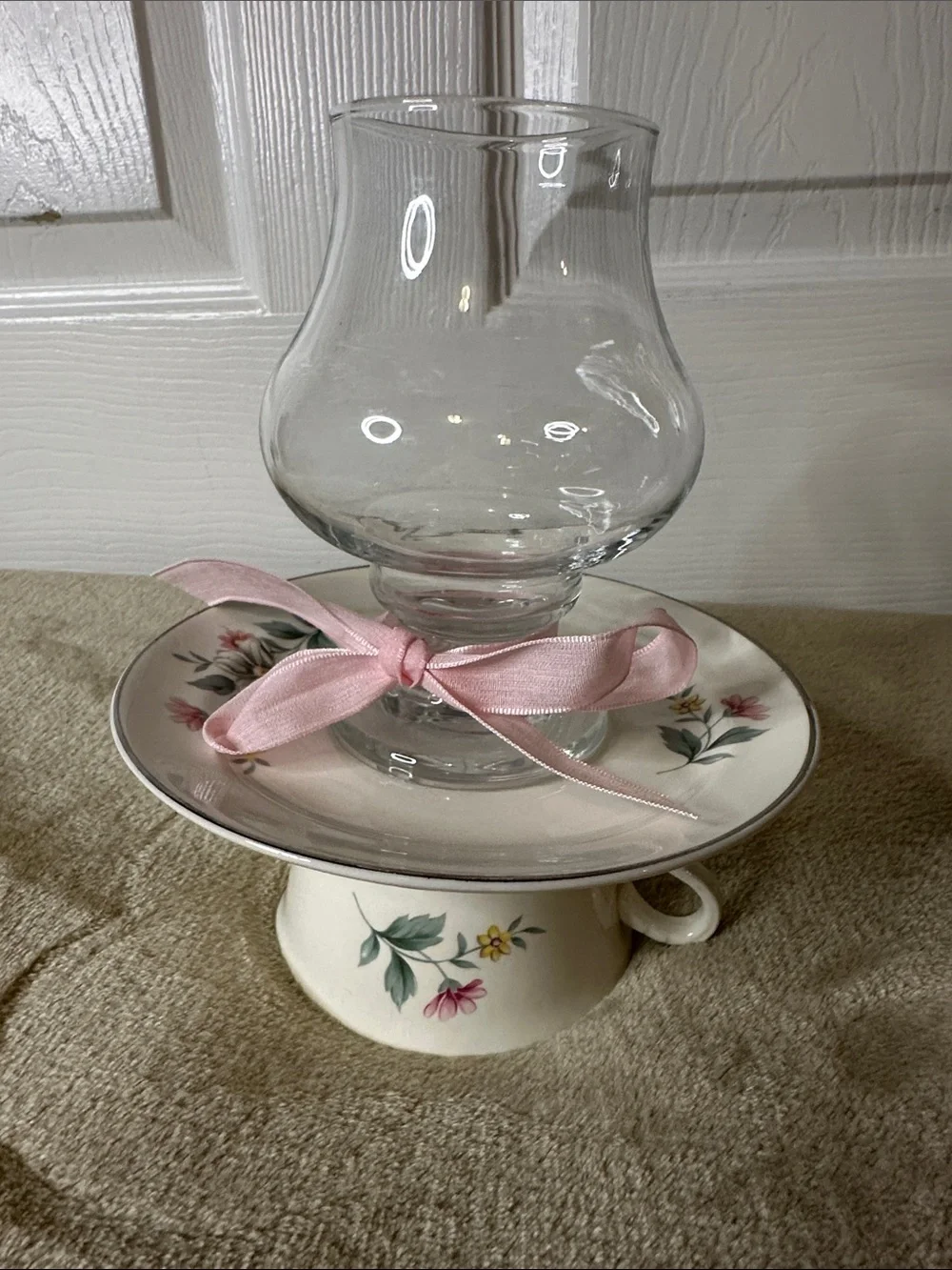 Floral Victorian Style Tea Cup with Saucer Tea light/Votive Holder Handmade EUC